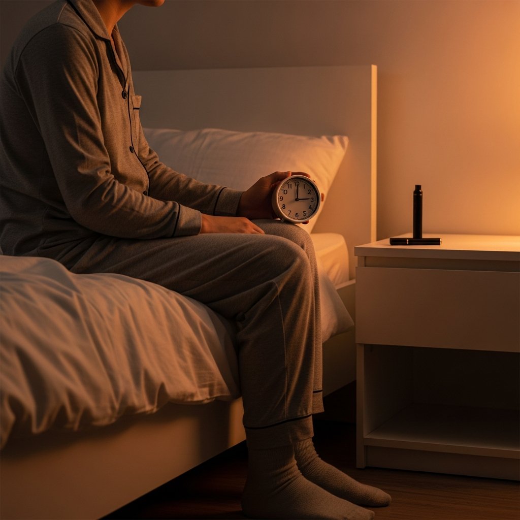 Indica Vape Pens for Sleep: What to Look For 18 Adult in pajamas winding down near a bedside clock and vape pen, illustrating timing a cannabis vape session before sleep.