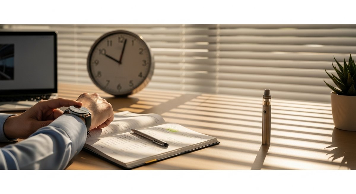 How to Use a Vape for Work Without Getting Too High 10 Adult checking the time at a tidy work desk with an open daily planner and a vape pen set aside for a scheduled break