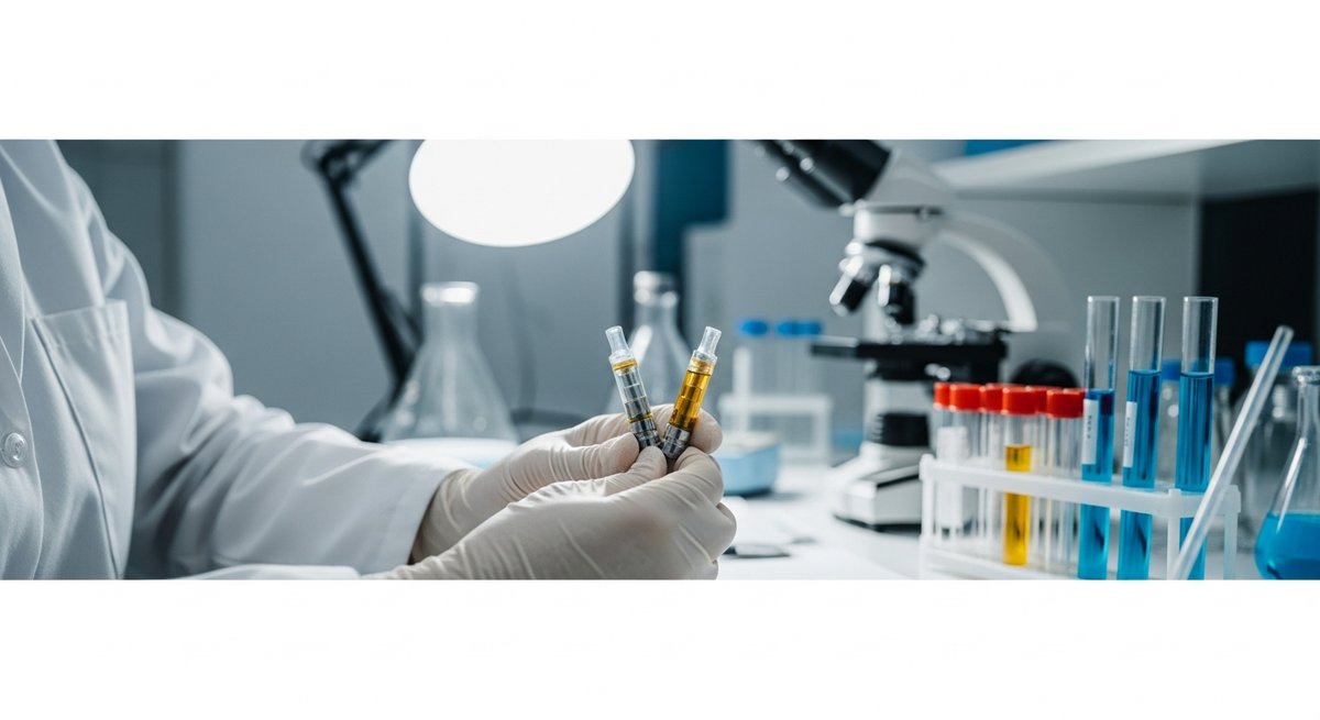 Why Some Carts Make Anxiety Worse (And How to Avoid It) 13 Lab technician comparing a clean vape cartridge against a discolored suspect one under laboratory lighting
