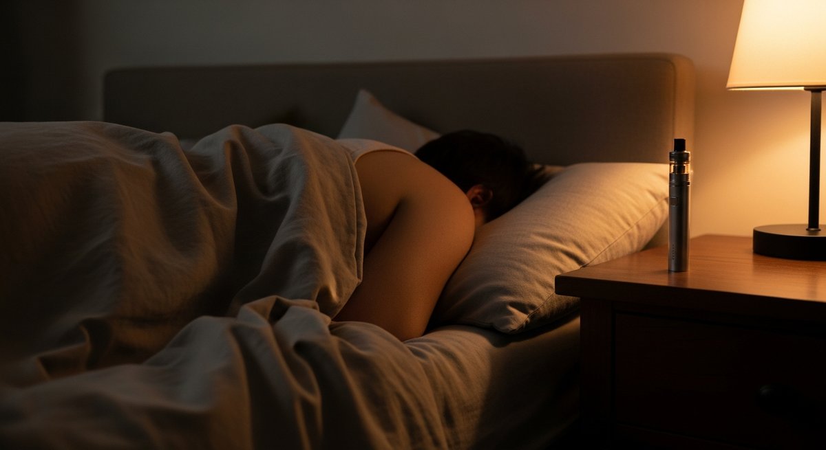 Best Strains to Vape for Back Pain and Muscle Soreness 12 Adult resting in bed with a vape pen on the nightstand under warm amber lamp light for sleep relief