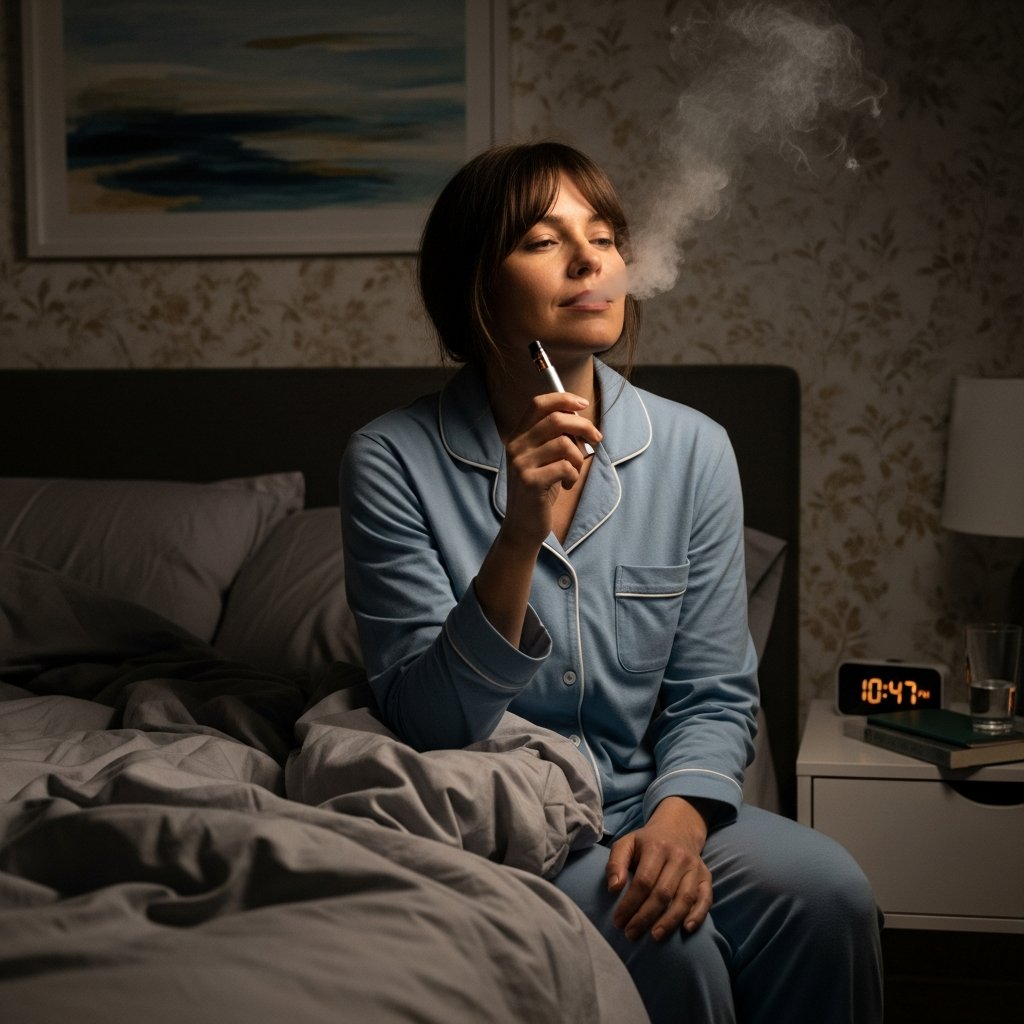 Best Vapes for Sleep: Strains and Products That Help 13 Relaxed adult in pajamas holding a vape pen on the edge of a bed at night, preparing for sleep