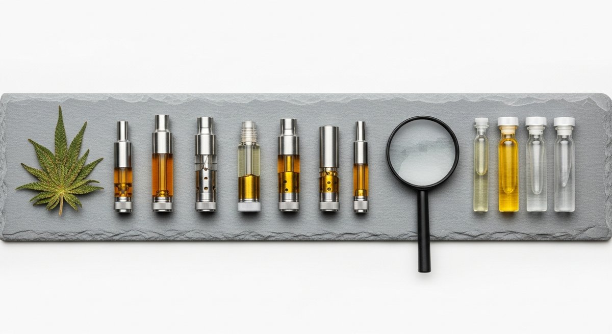 Sativa Vape Pens for Focus: Top Strains to Try 15 Several cannabis vape cartridges with golden extract laid out on slate with lab vials for quality inspection