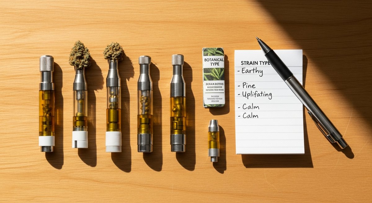 How to Use a Vape for Work Without Getting Too High 9 Flat lay of multiple vape cartridges and a handwritten strain notes sheet on a light wood surface with warm lighting