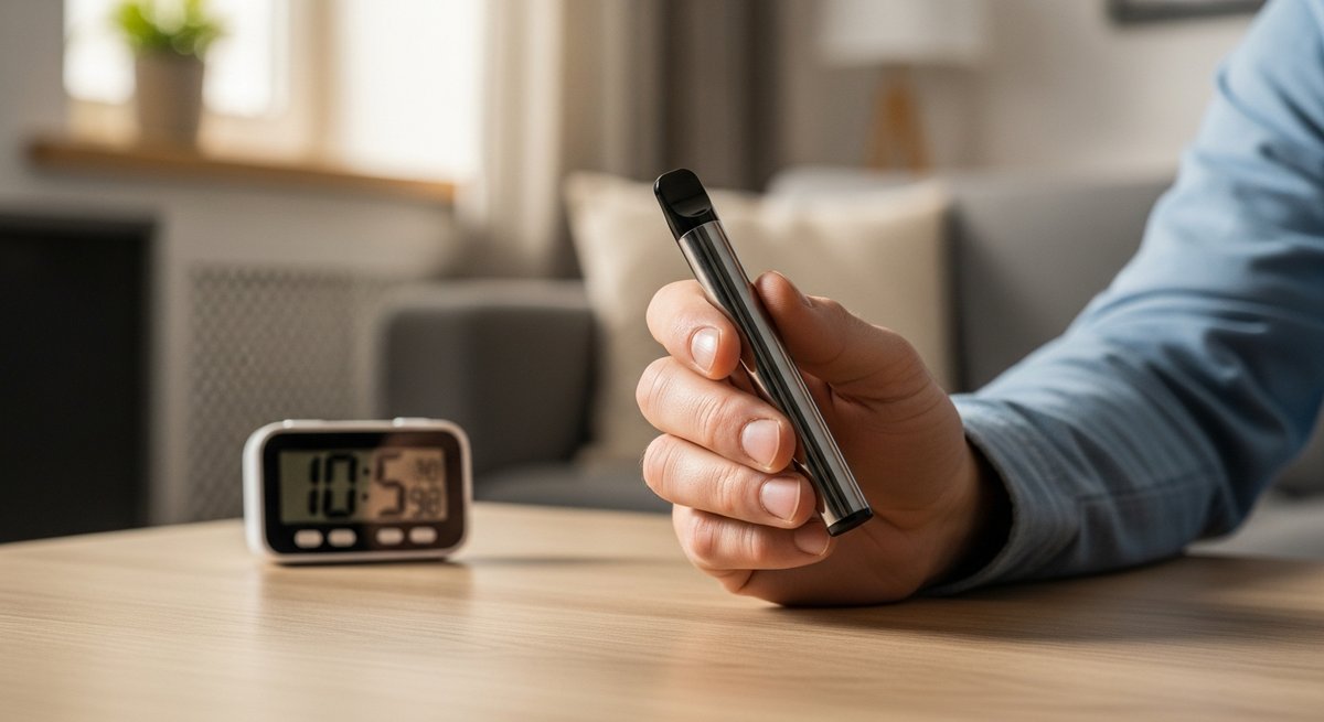 Social Anxiety and Vaping: What Products Actually Help 15 Adult hand holding a disposable vape pen thoughtfully, timer visible in soft-focus background on table