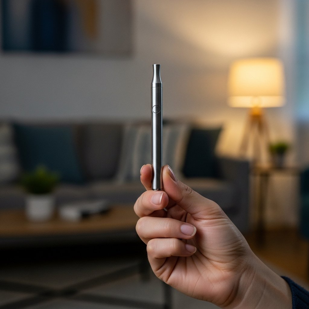 Indica Vape Pens for Sleep: What to Look For 16 An adult thoughtfully holding a vape pen in a calm dimly lit living room, illustrating mindful low-dose use before sleep.