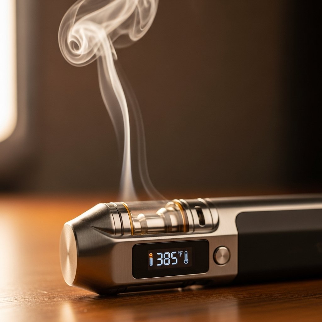 How to Vape Before Bed Without Disrupting Your Sleep 16 Close-up of a vape pen with temperature control display showing low setting and light vapor in a dim room