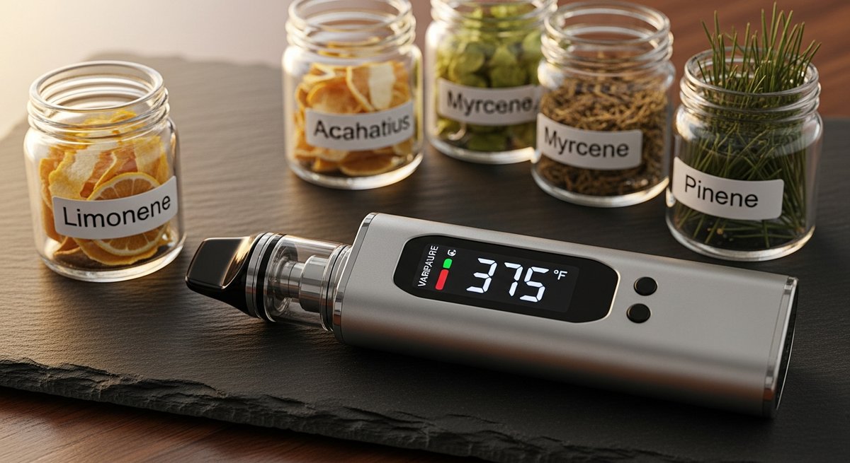 Best Vapes for Anxiety Relief: Calm Strains and Products 20 Variable-temperature vape device with digital display alongside botanical terpene jars on a dark slate surface.