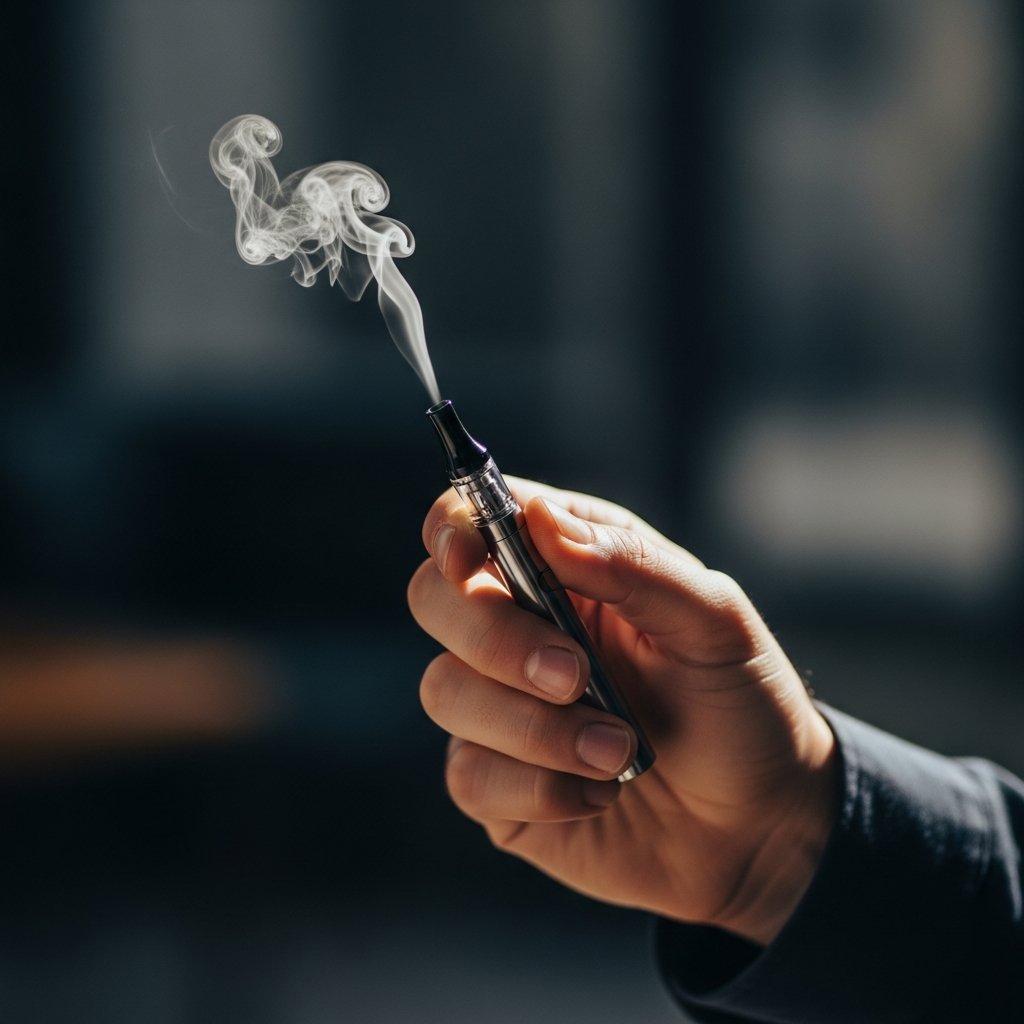 CBD Vape vs THC Vape for Sleep: Which One Is Right for You? 6 Adult hand holding a slim vape pen with a light vapor trail, illustrating fast-acting inhalation delivery.