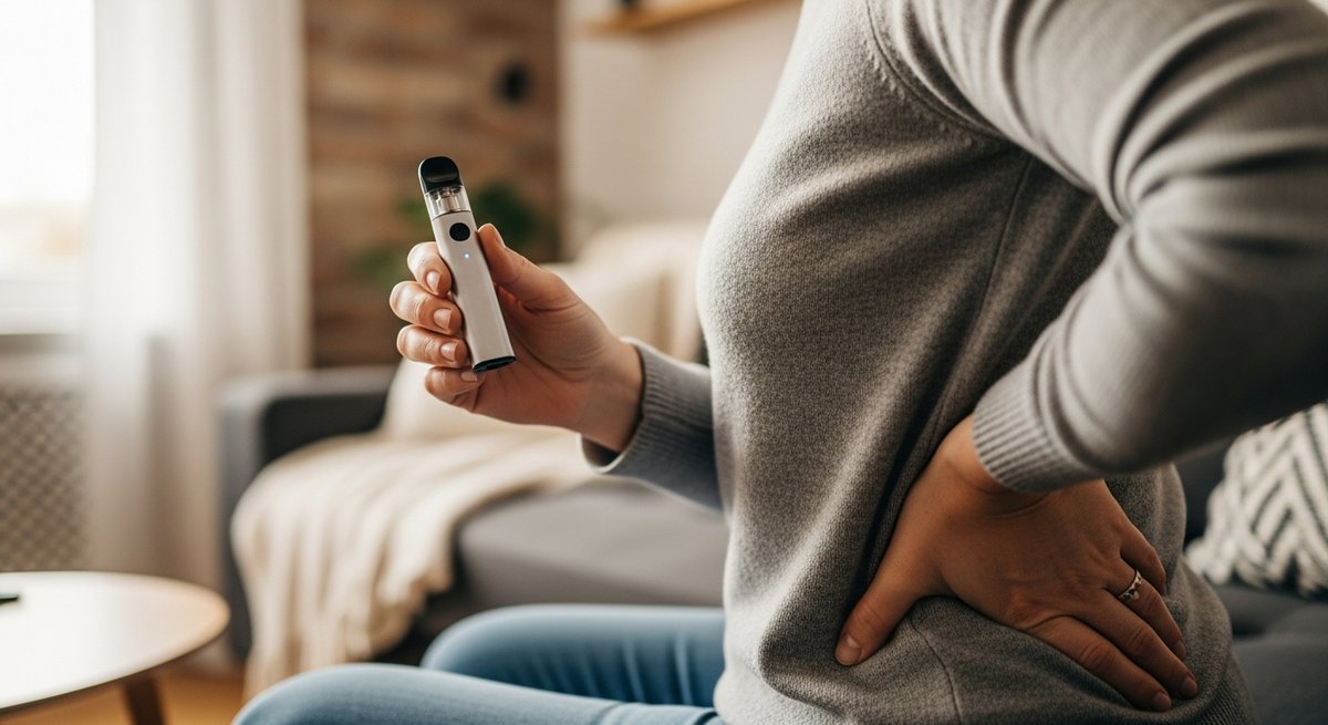 Best Strains to Vape for Back Pain and Muscle Soreness 7 Adult woman holding a vape pen while resting hand on her lower back on a home couch