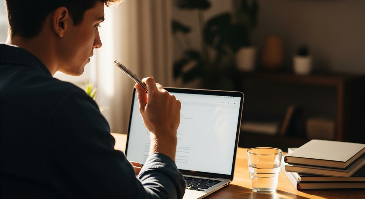 Best Terpenes for Focus in a Vape Pen 14 Adult person holding a vape pen at a sunlit home office desk with laptop, conveying a purposeful, timed work session