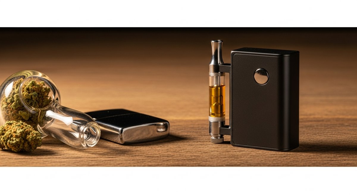 Sativa Vape Pens for Focus: Top Strains to Try 16 Cannabis flower with a glass pipe next to a modern vape pen on a wood surface comparing consumption formats