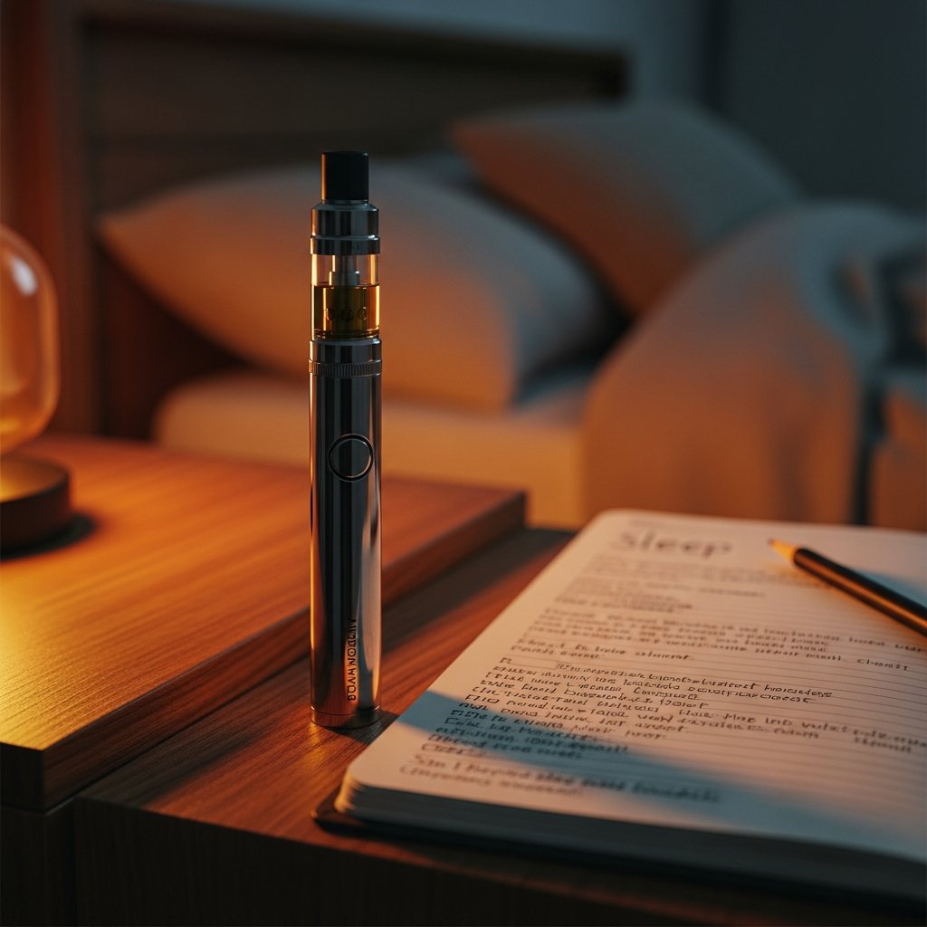 Best Carts for Sleep: Top Picks for a Better Night 12 Variable voltage vape pen with cartridge on a nightstand with a dim lamp, shown as part of a calming sleep routine.
