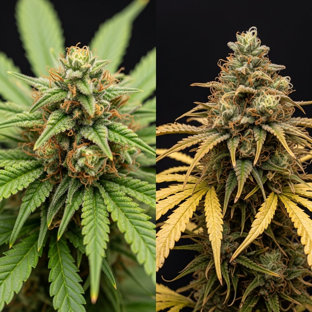 CBN vs CBD Gummies for Sleep: What's the Difference? 9 Split view of a fresh cannabis plant beside an aged dried plant showing cannabinoid development from CBD and THC degradation