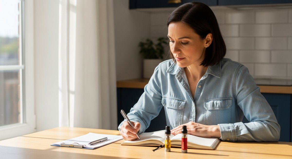 Full-Spectrum vs Broad-Spectrum Vapes for Pain 16 Adult woman comparing two cannabis vape cartridges at kitchen table with notebook making an informed choice