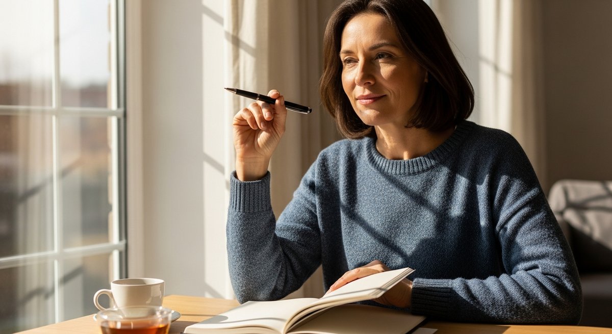 Do THC Gummies Actually Boost Creativity? The Science Behind It 16 Adult writer sitting calmly at a sunlit desk with an open journal and pen, looking relaxed and thoughtfully focused