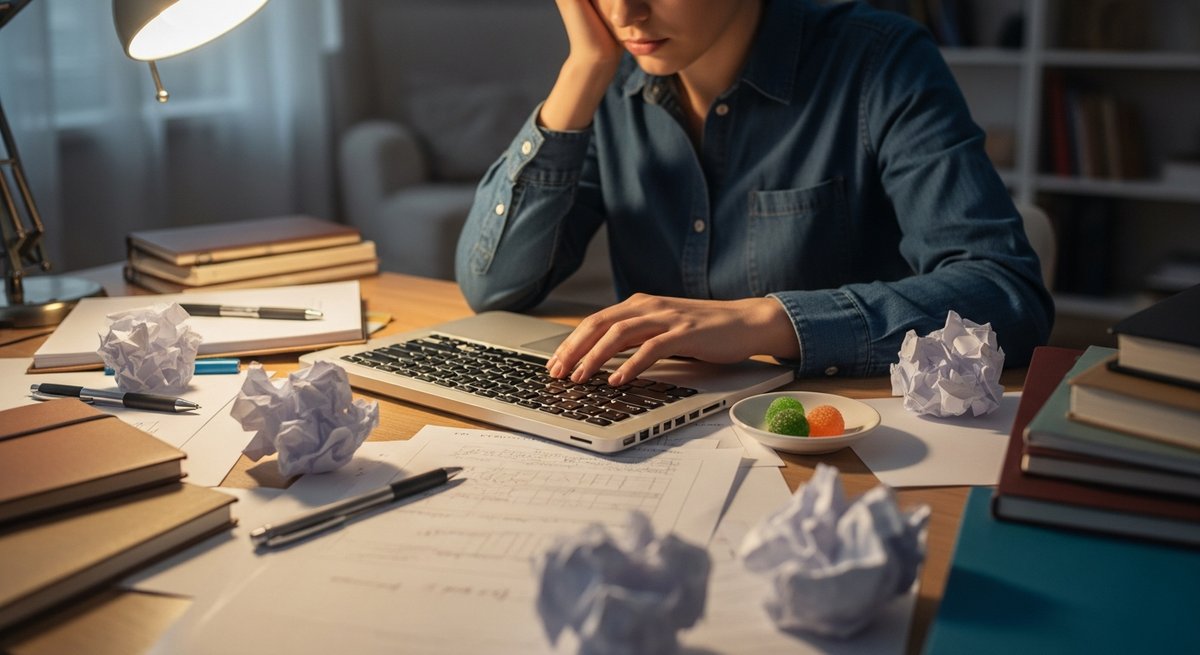 Best Low-Dose Gummies for Artists Writers and Musicians 16 Writer staring at blank laptop screen with crumpled paper and gummy candies on a cluttered desk