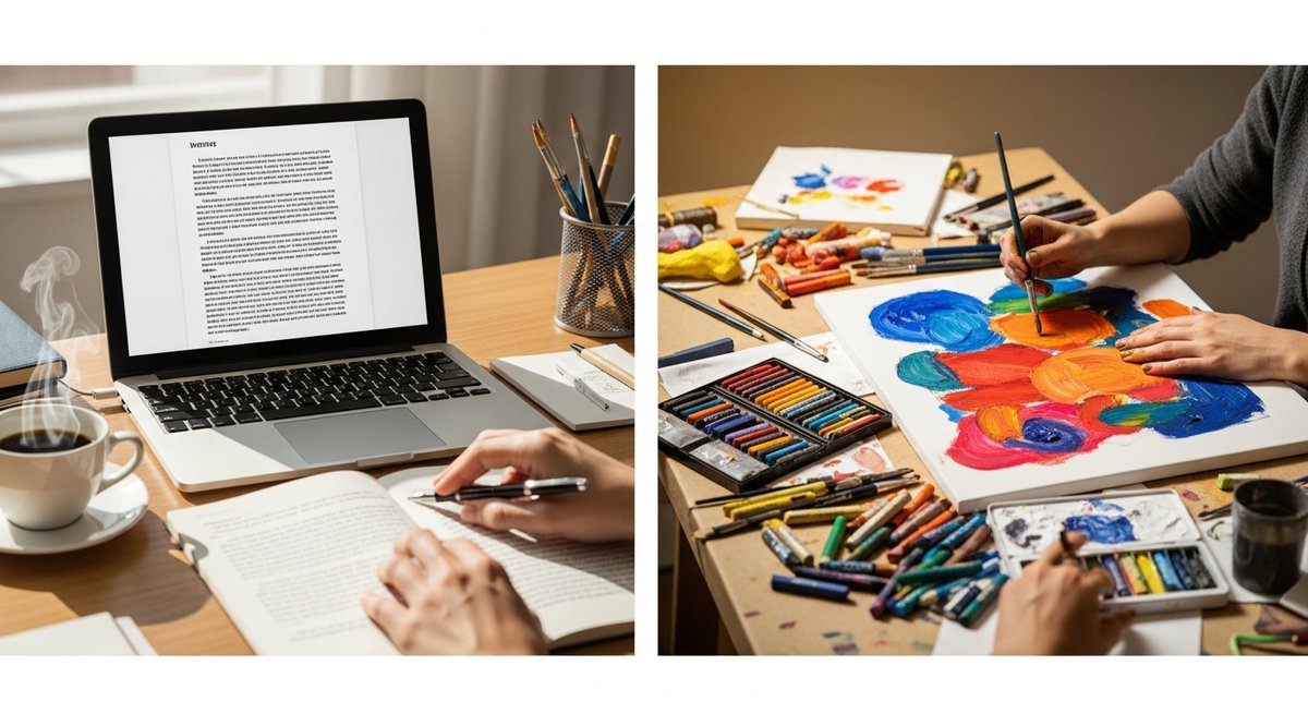 How to Microdose Gummies for Creative Sessions Without Crashing 18 Writer's laptop desk and visual artist's paint-covered canvas side by side showing different creative disciplines