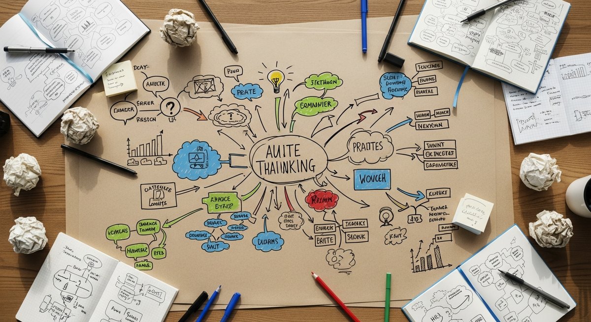 Do THC Gummies Actually Boost Creativity? The Science Behind It 14 Overhead view of a brainstorming mind map with radiating sketches and notes spread across a wooden desk