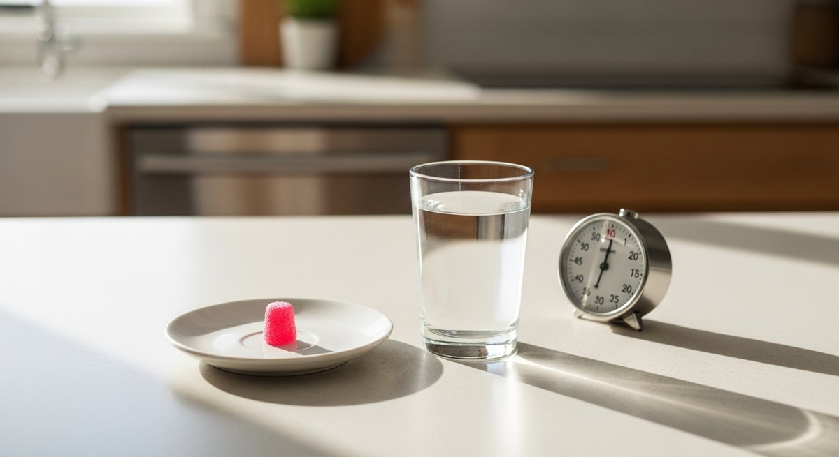 How to Microdose Gummies for Creative Sessions Without Crashing 13 Single gummy beside an analog kitchen timer and water glass on a countertop, illustrating waiting time