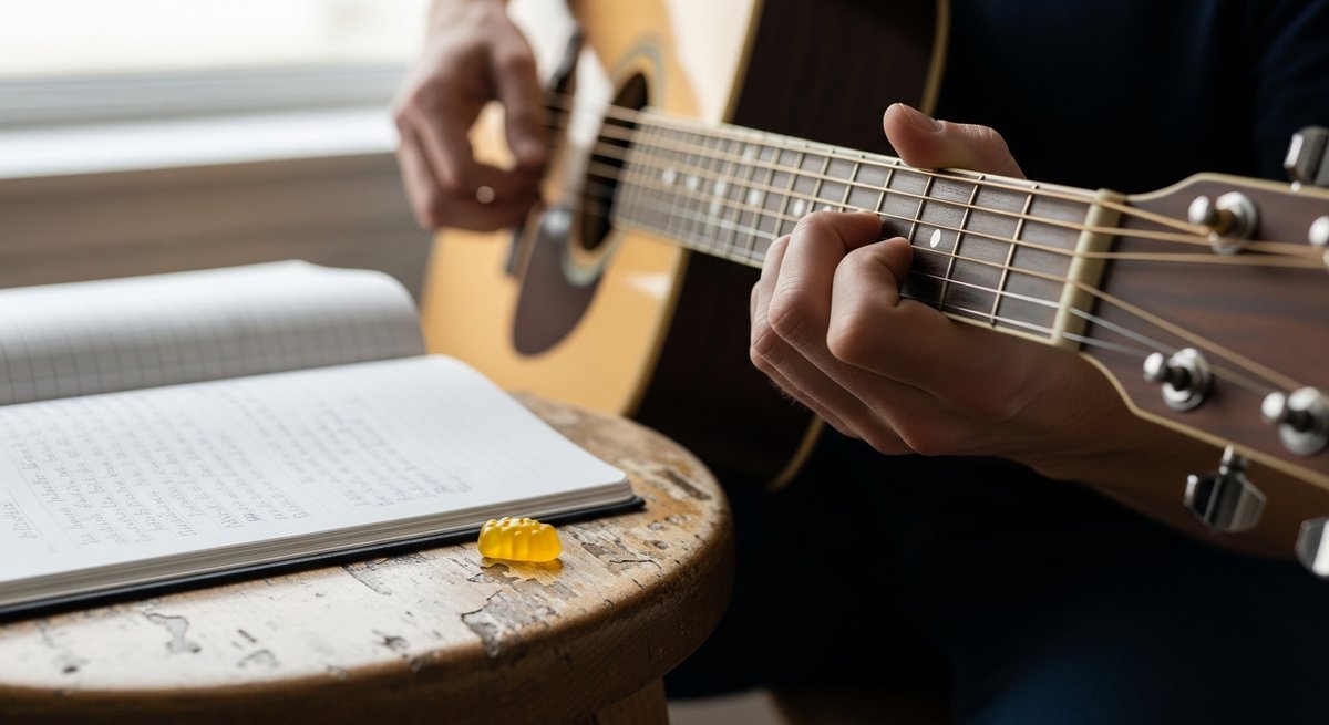Best Low-Dose Gummies for Artists Writers and Musicians 15 Musician's hands on acoustic guitar beside a notebook with lyrics and a small gummy candy on a wooden stool