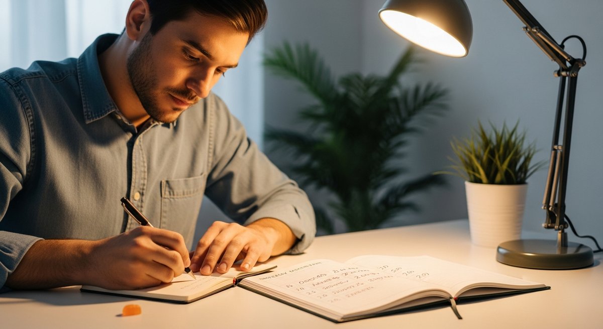 How to Microdose Gummies for Creative Sessions Without Crashing 14 Adult man tracking microdose sessions in a journal at a tidy home desk with a small gummy nearby
