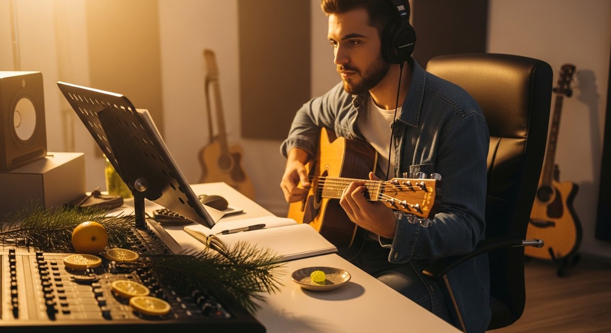 Sativa vs Hybrid Gummies for Creative Flow: Which to Pick 12 Young musician with guitar in a bright recording studio, sativa gummy on a dish beside citrus slices and pine sprigs