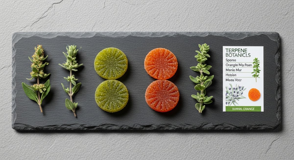 Sativa vs Hybrid Gummies for Creative Flow: Which to Pick 11 Flat-lay of two cannabis gummies beside botanical sprigs and a terpene label card on a slate surface