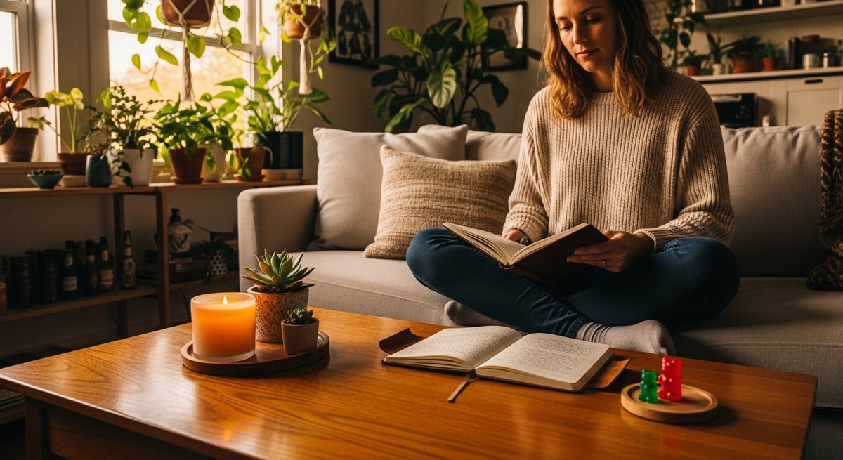 Sativa vs Hybrid Gummies for Creative Flow: Which to Pick 15 Writer journaling on a linen couch in a plant-filled living room with a candle and a gummy on a wooden coaster nearby