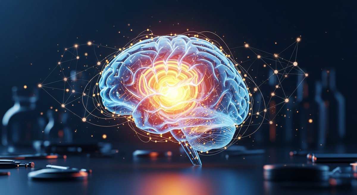 Do THC Gummies Actually Boost Creativity? The Science Behind It 13 Illuminated translucent brain model with glowing neural network nodes on a dark laboratory surface