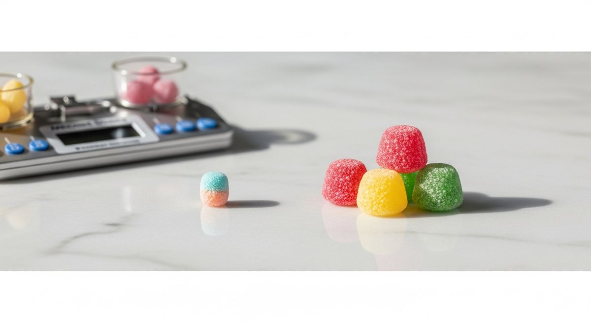Do THC Gummies Actually Boost Creativity? The Science Behind It 15 Single small gummy beside multiple larger gummies on a marble surface with a dosing scale in the background
