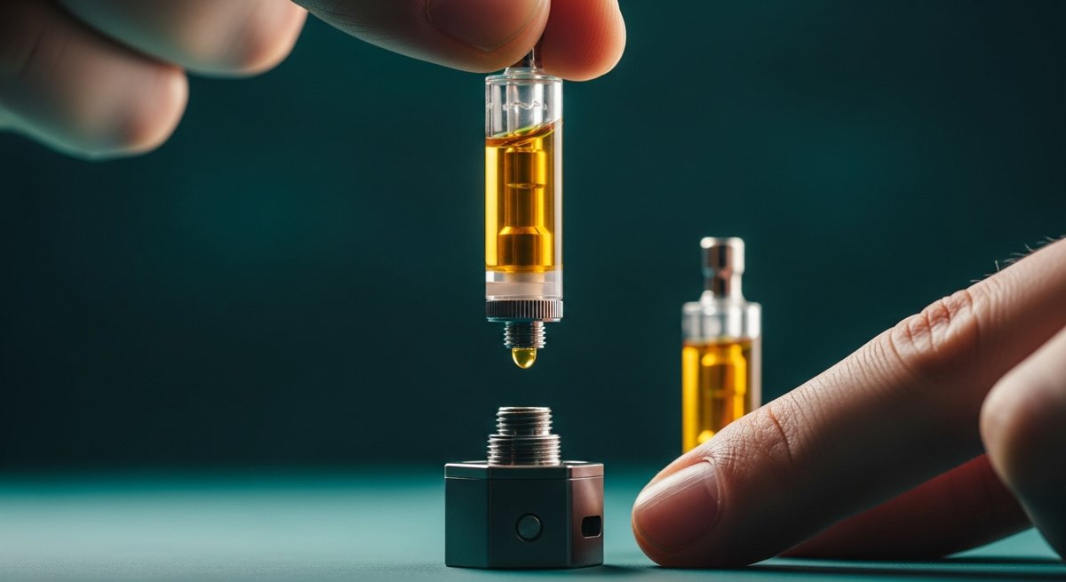 Disposable Vapes strain vs 510 Thread Carts strain — Which Is Right for You? 5 510-thread cannabis oil cartridge held above a compatible vape battery showing gold oil and metal threading