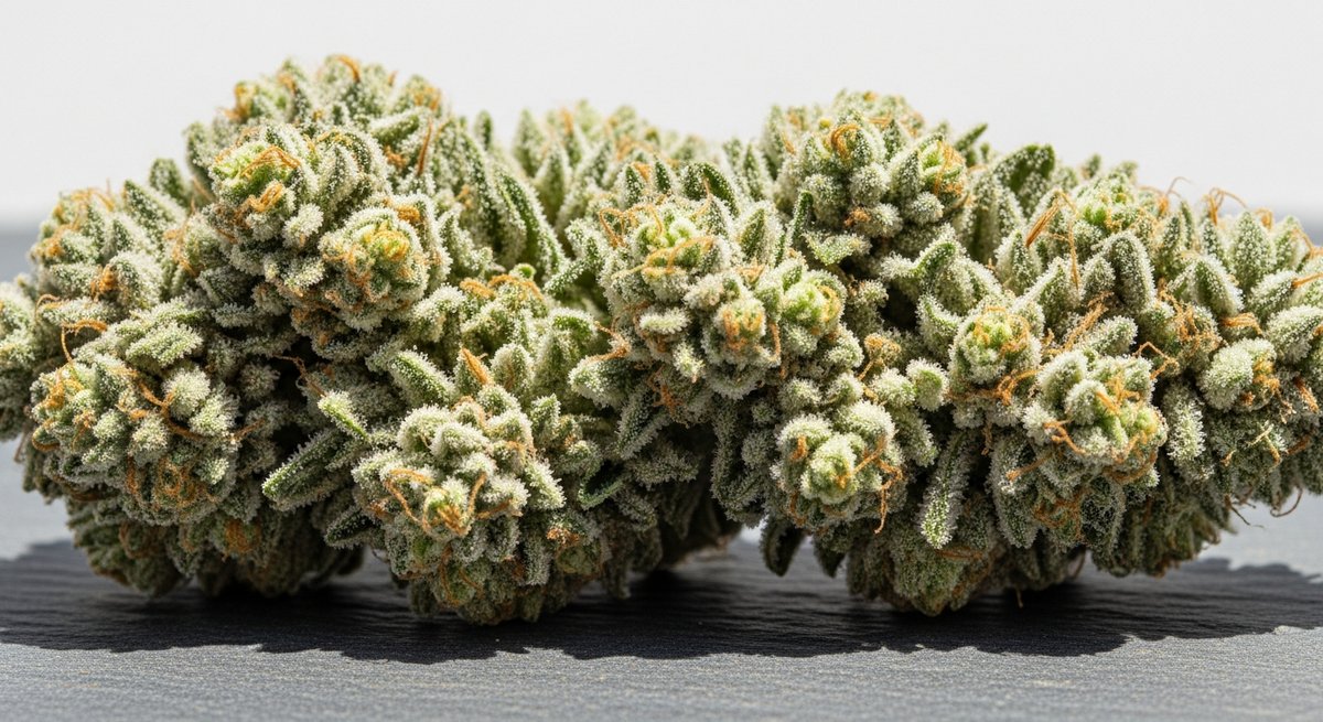 ACDC vs Harlequin — Which Is Right for You? 4 Dense ACDC cannabis buds with heavy white trichomes on a grey stone surface under soft natural light