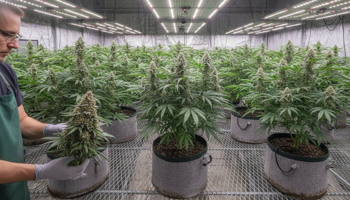 ACDC vs Harlequin — Which Is Right for You? 6 Indoor cannabis grow room with mature sativa plants under LED lights, grower inspecting a trichome-covered cola