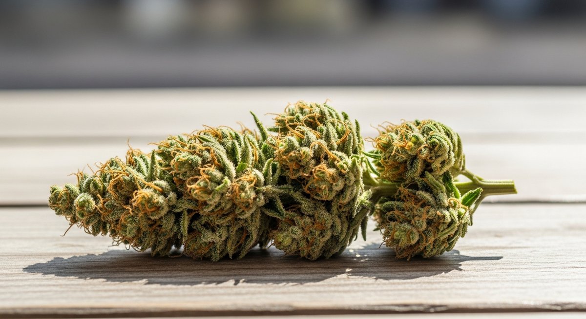Trainwreck vs Amnesia Haze — Which Is Right for You? 6 Amnesia Haze cannabis bud with golden-green hues on a wooden café table in soft natural light