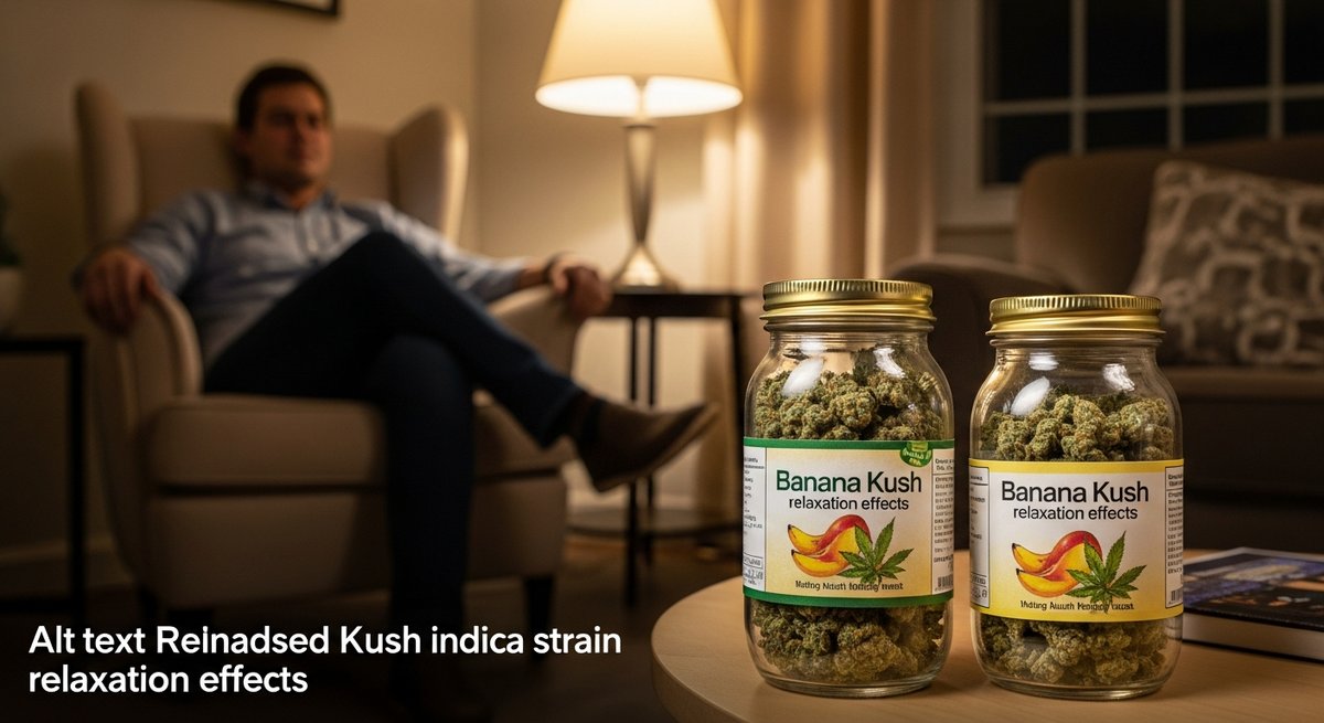 Banana Kush Strains vs Mango Kush Strains — Which Is Right for You? 6 Relaxed adult in evening armchair beside two cannabis flower jars illustrating indica strain relaxation effects