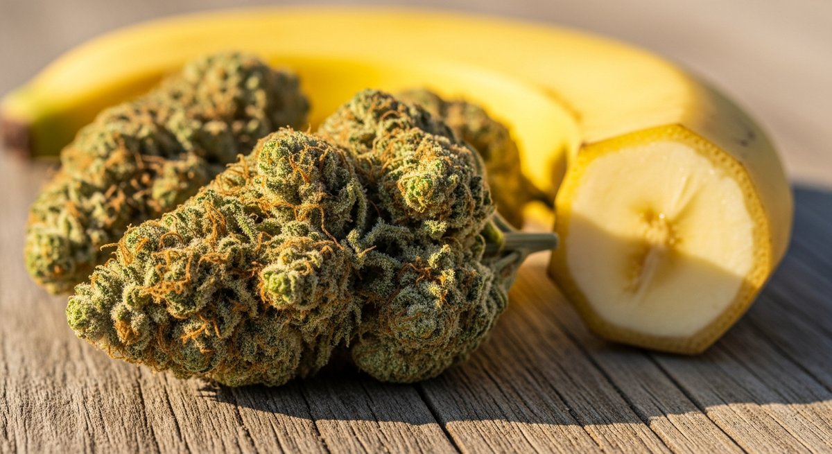 Banana Kush Strains vs Mango Kush Strains — Which Is Right for You? 4 Macro shot of Banana Kush cannabis buds with golden trichomes on wood surface next to a halved banana