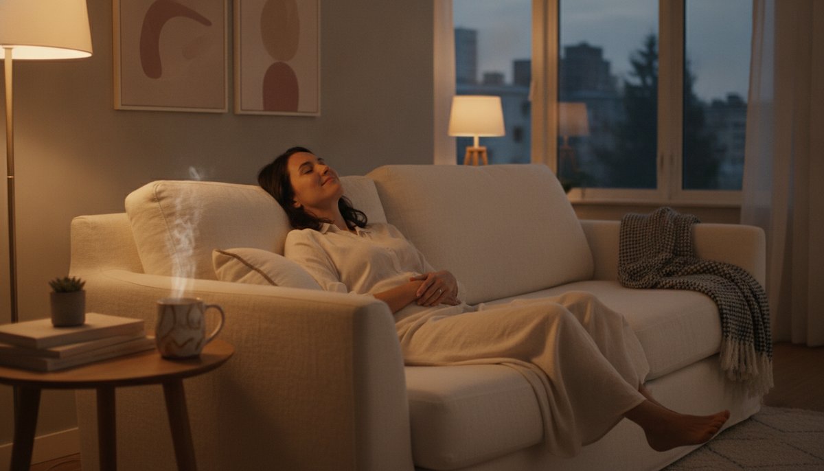 Biscotti vs Gelato — Which Is Right for You? 6 Relaxed adult resting on a couch in warm amber lamplight suggesting calm body relaxation and euphoric mental ease