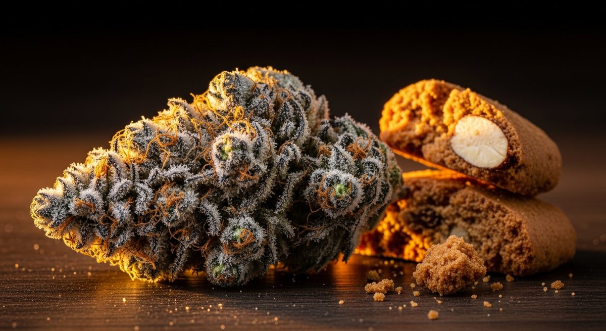 Biscotti vs Gelato — Which Is Right for You? 4 Close-up of a dense Biscotti cannabis bud with purple-green hues and heavy trichome coating beside a crumbled biscotti cookie