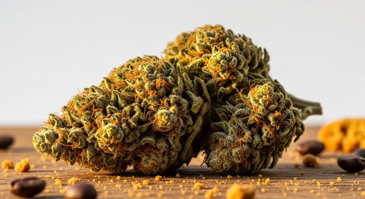 Permanent Marker strain vs Biscotti strain — Which Is Right for You? 5 Editorial macro of a resinous Biscotti cannabis bud with warm olive and amber tones resting on aged oak with coffee beans