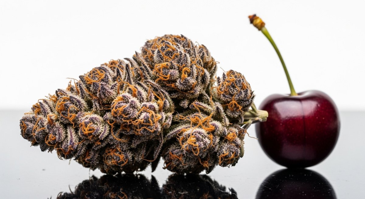 Black Truffle Strains vs Black Cherry Gelato Strains — Which Is Right for You? 5 Black Cherry Gelato cannabis bud with deep burgundy and violet tones beside fresh black cherries on a dark polished surface