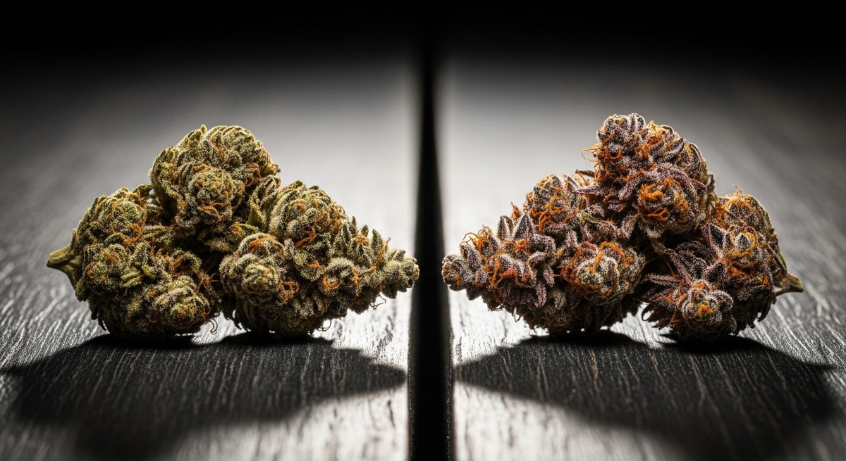 Black Truffle Strains vs Black Cherry Gelato Strains — Which Is Right for You? 6 Two contrasting cannabis buds on dark wood illustrating the differing effects profiles of Black Truffle and Black Cherry Gela