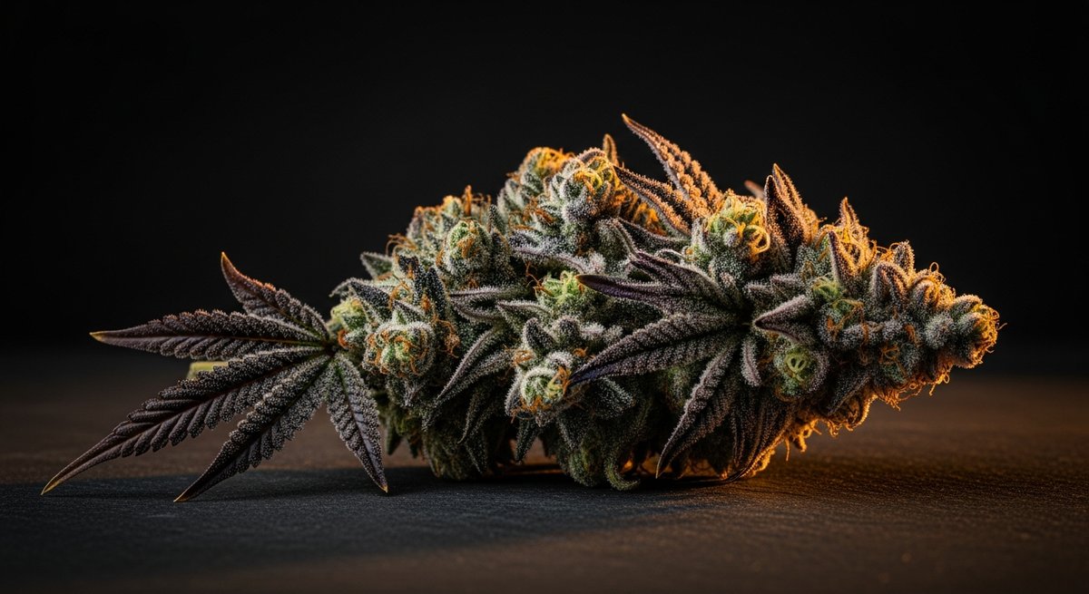 Black Truffle Strains vs Black Cherry Gelato Strains — Which Is Right for You? 4 Macro close-up of a dense Black Truffle cannabis bud with deep purple-green hues and thick trichome coverage on dark stone