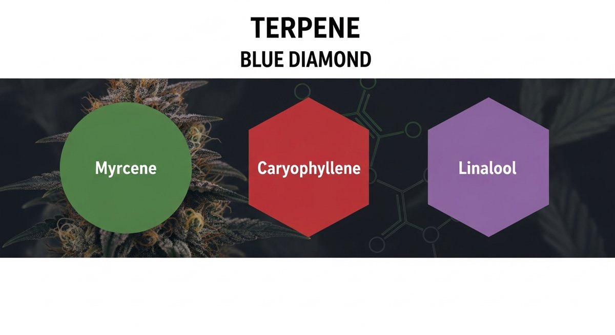 Blue Diamond Strain 2 Terpene profile graphic for Blue Diamond showing Myrcene in green, Caryophyllene in red, and Linalool in purple