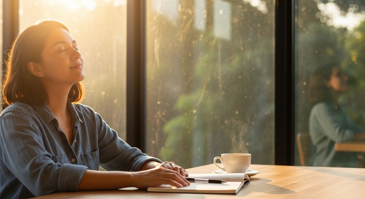 Blue Dream strain vs Harlequin strain — Which Is Right for You? 6 Relaxed adult at a sunlit desk conveying calm mental clarity and gentle body ease from cannabis effects