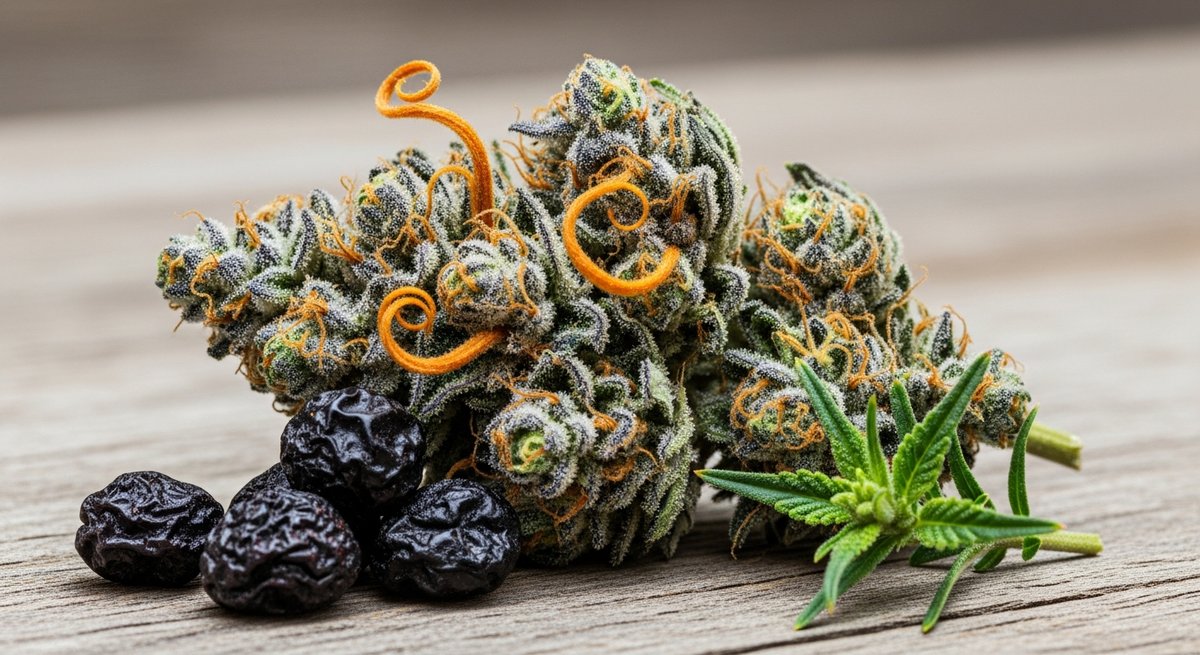 Blue Dream strain vs Harlequin strain — Which Is Right for You? 4 Dense frosty Blue Dream cannabis bud on weathered wood with blueberries evoking its Blueberry Haze lineage