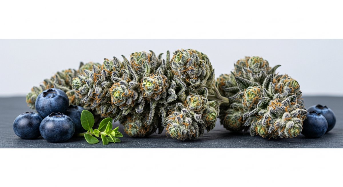 Pineapple Express strain vs Blue Dream strain — Which Is Right for You? 5 Blue Dream cannabis buds with blueberry accents on slate, highlighting its Blueberry and Haze lineage