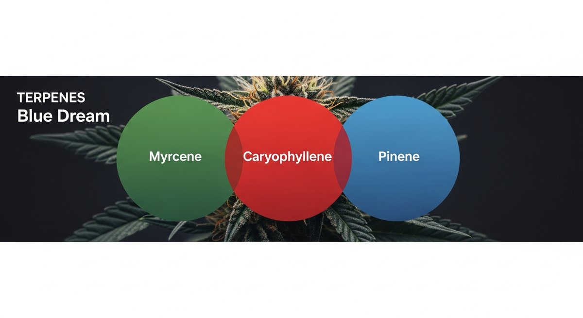 Blue Dream Strain 2 Terpene profile graphic for Blue Dream showing Myrcene in green, Caryophyllene in red, and Pinene in blue