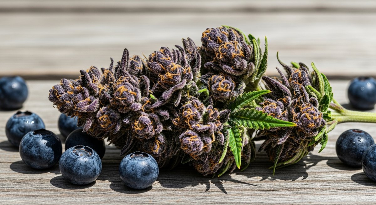 Northern Lights vs Blueberry — Which Is Right for You? 5 Blueberry cannabis bud with purple hues resting among fresh blueberries on a rustic wooden surface