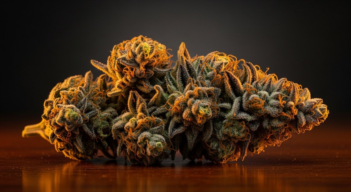 Bubba Kush strain vs Master Kush strain — Which Is Right for You? 4 Close-up of a dense Bubba Kush bud with deep purple and olive-green tones and heavy trichome coverage on dark wood