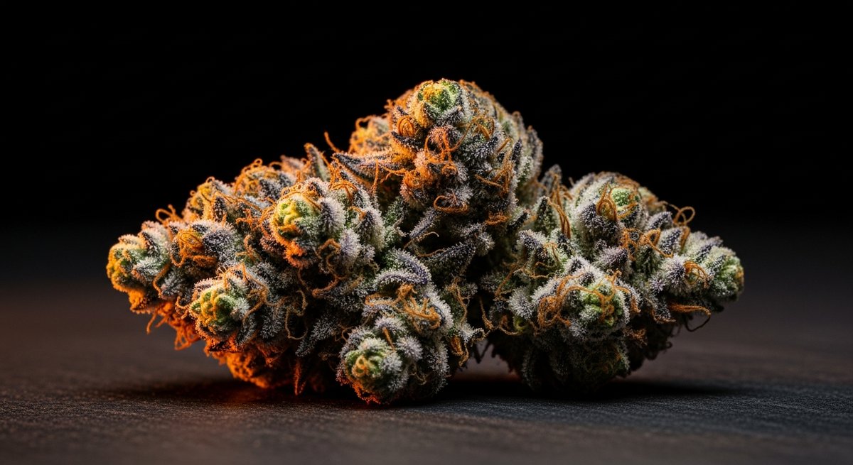 Skywalker OG strains vs Bubba Kush Strains — Which Is Right for You? 5 Macro editorial photo of a Bubba Kush bud showing deep green and purple coloring, dense structure, and heavy trichome frost